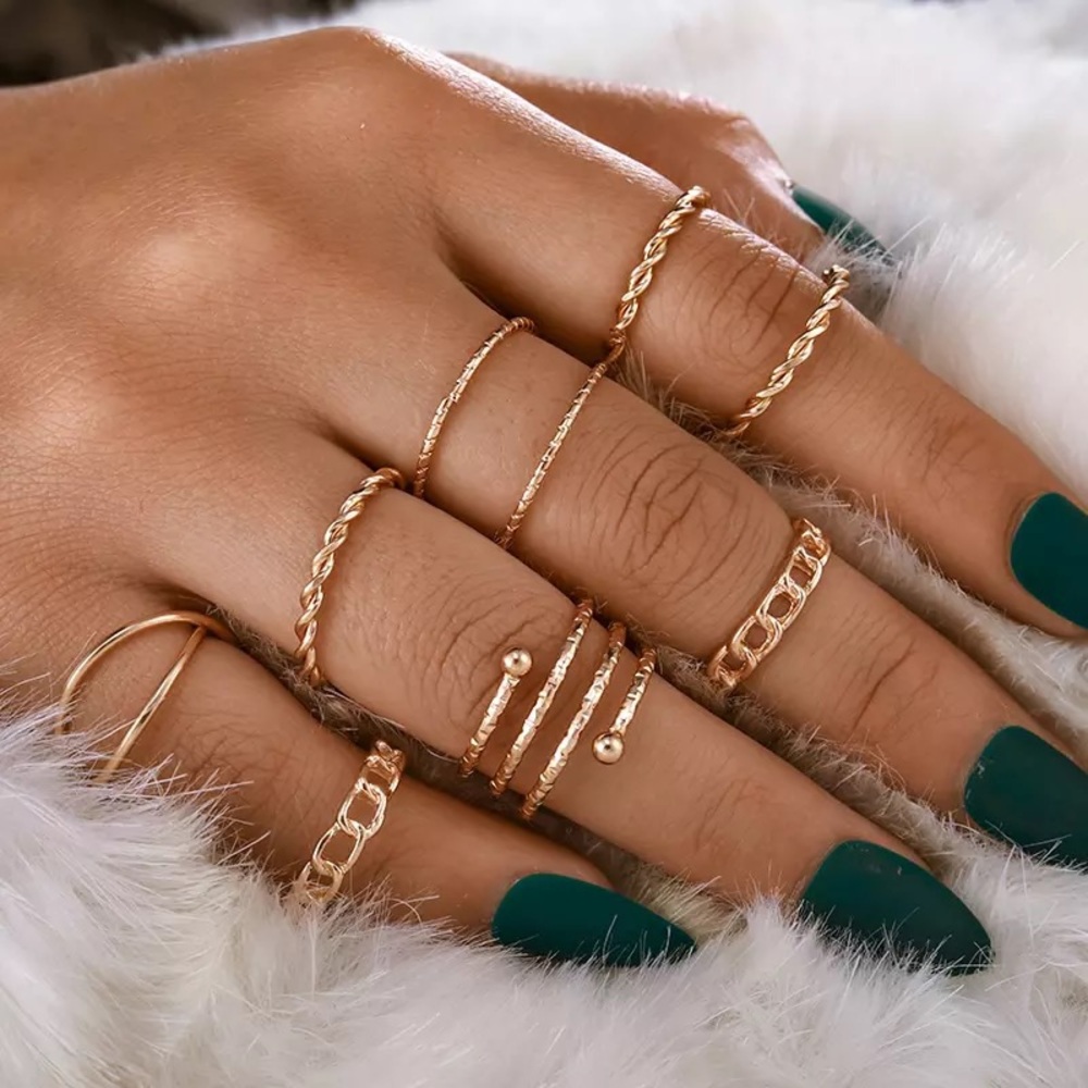 8 piece stack ring set open cross twist chain